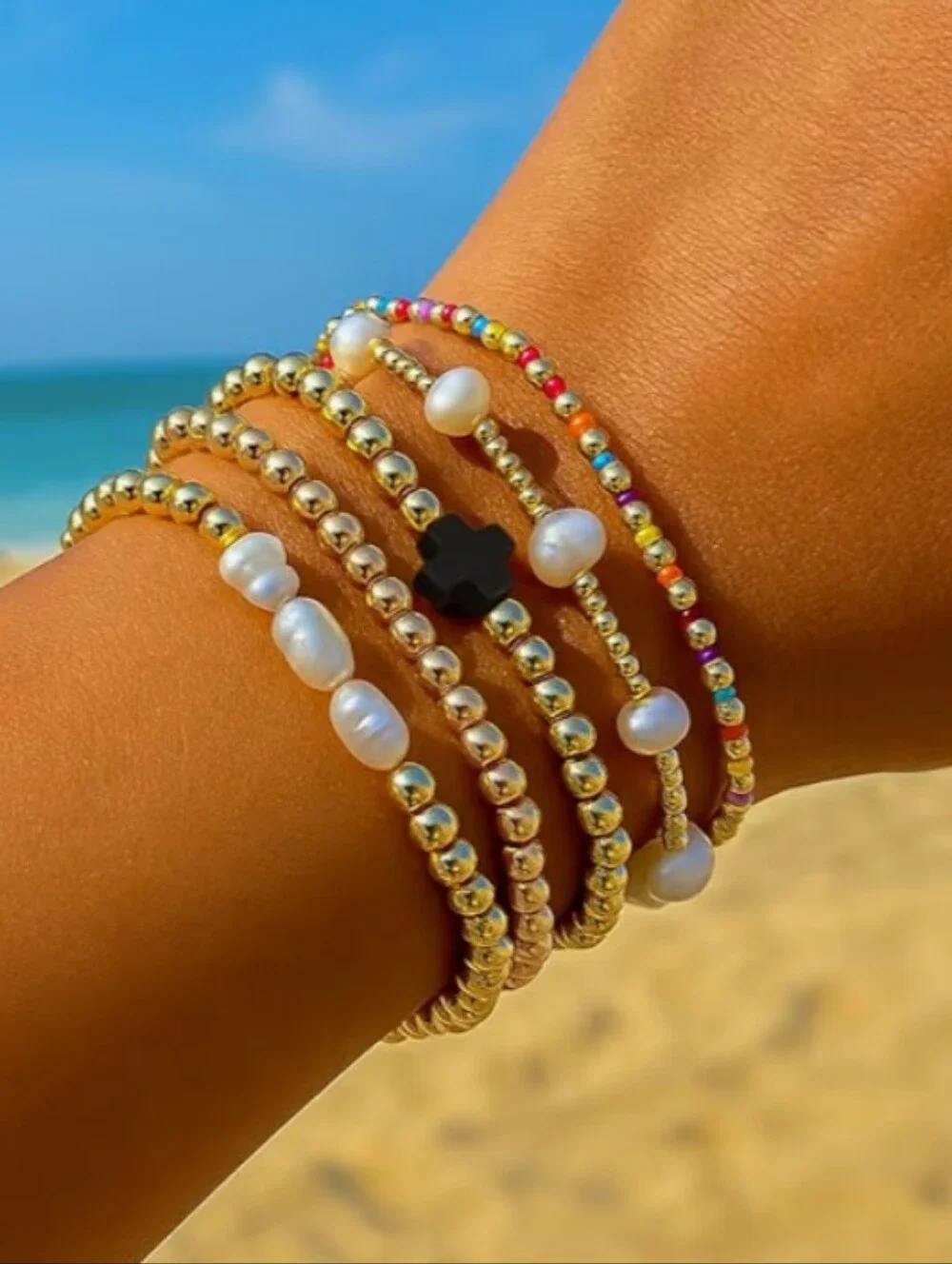 NWT 14K Gold Plated Pearl Beaded Cross Bracelet Stack 5 Pc Set Black - Picture 4 of 6